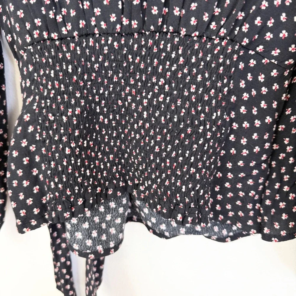 Abercrombie & Fitch Black Floral Wrap Tie Blouse Puff Sleeve Size S